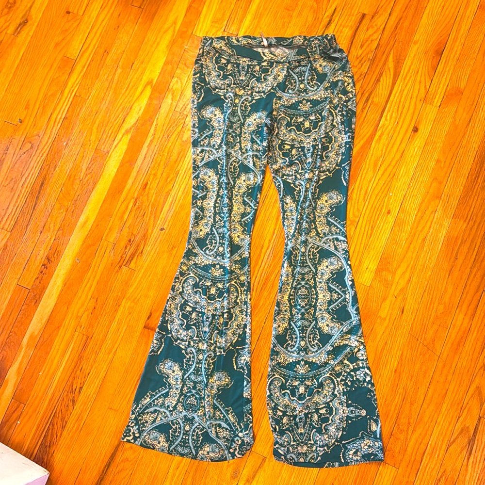 Free People Green Flare Wide Leg Jeans with Vintage Pattern